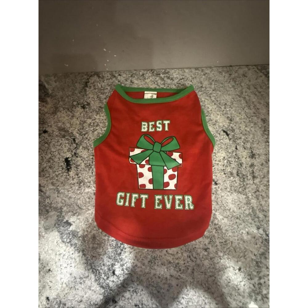 PET SPIRIT "BEST GIFT EVER" DOG CHRISTMAS TANK SHIRT. GREEN/RED. SZ S